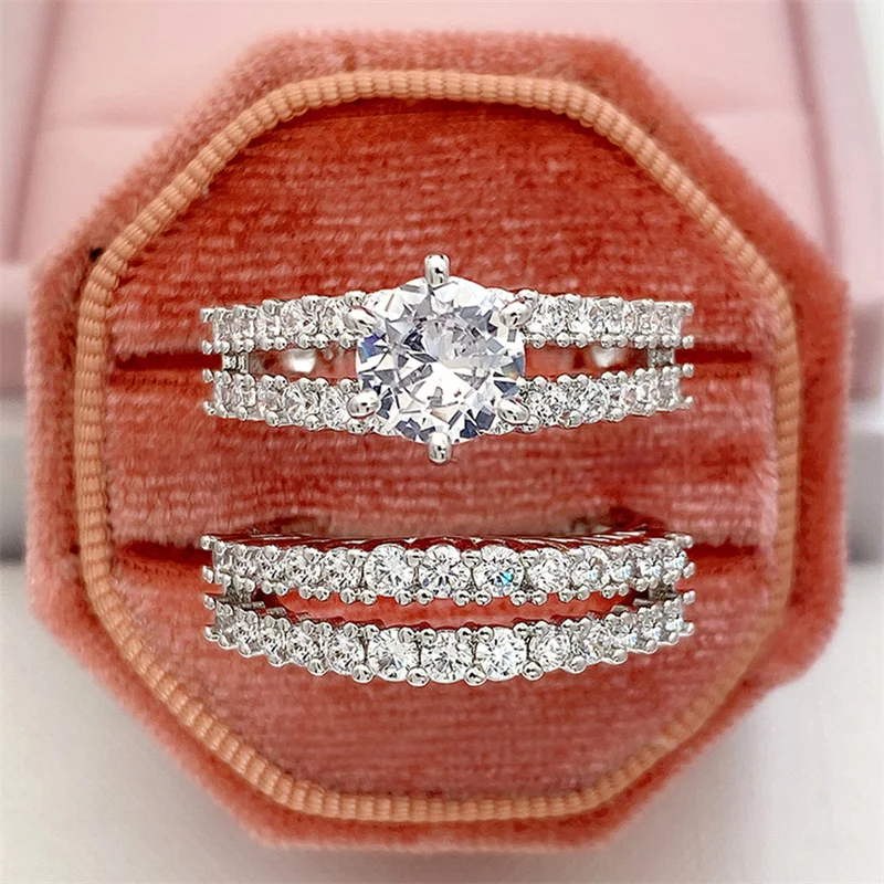 Huitan Trendy Hohl Set Ringe Voll Bling Iced Out CZ Stein Luxus Frauen Hochzeit Verlobung Ringe 2Pcs Set Schmuck drop Shipping – Detail 15