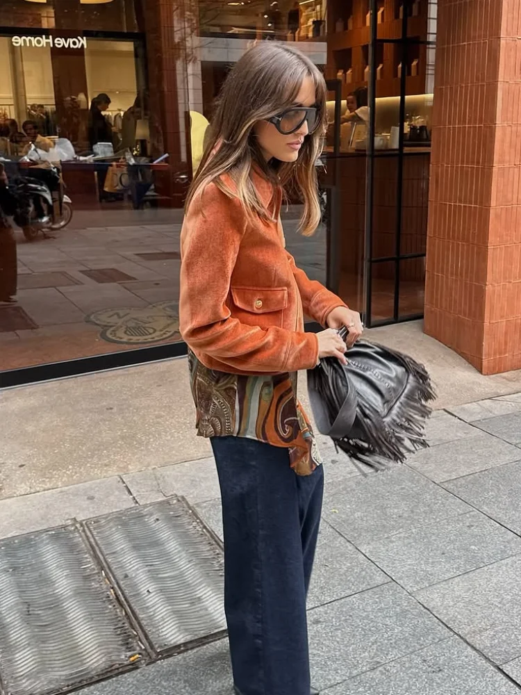 

Women Orange Lapel Velvet Short Jacket Fashion Single Breasted Full Sleeve Pocket Loose Jackets 2025 Lady Commute Street Outwear
