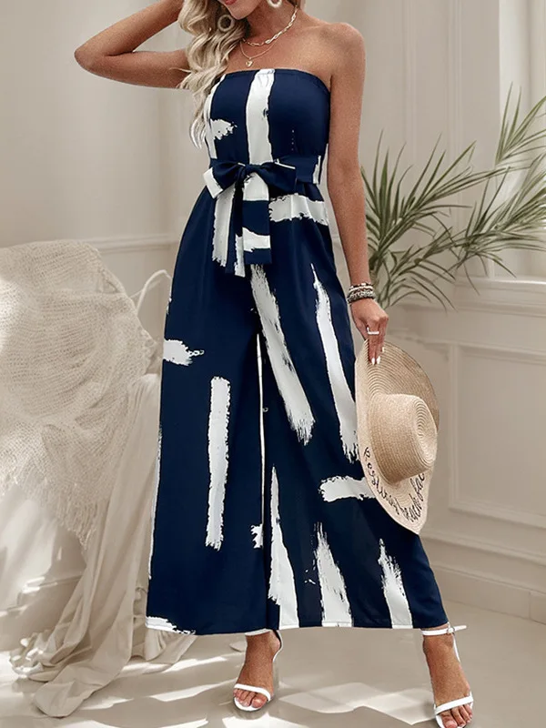 Tuta estiva con stampa senza spalline Costume da bagno da donna con gamba larga e top a tubo Street Sle Pantaloni lunghi a vita media