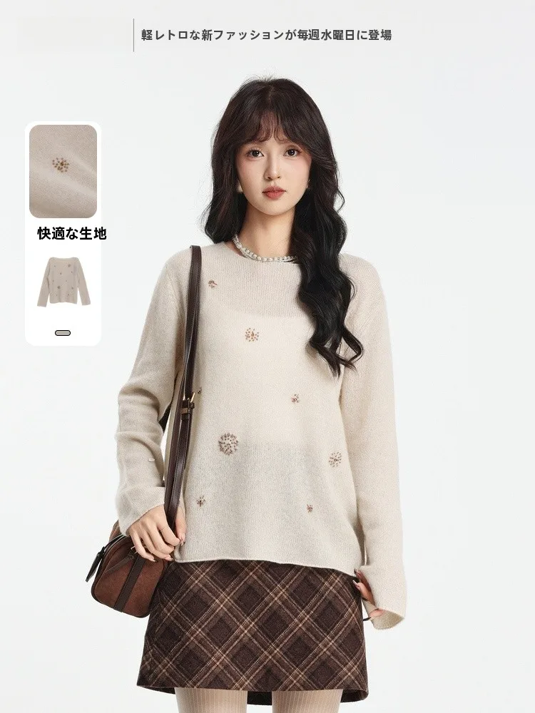 

Loose Fit round Neck Knitted Sweater Memory's Start Winter New Style Versatile Comfortable Wool Blend Long Sleeve Top