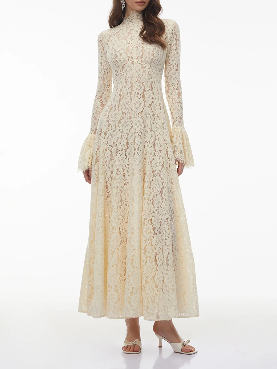 VGH White Loose Spliced Lace Chic Dresses for Women O Neck Long Sleeve French Elegant Dress Female Summer Fashion Style Clothing