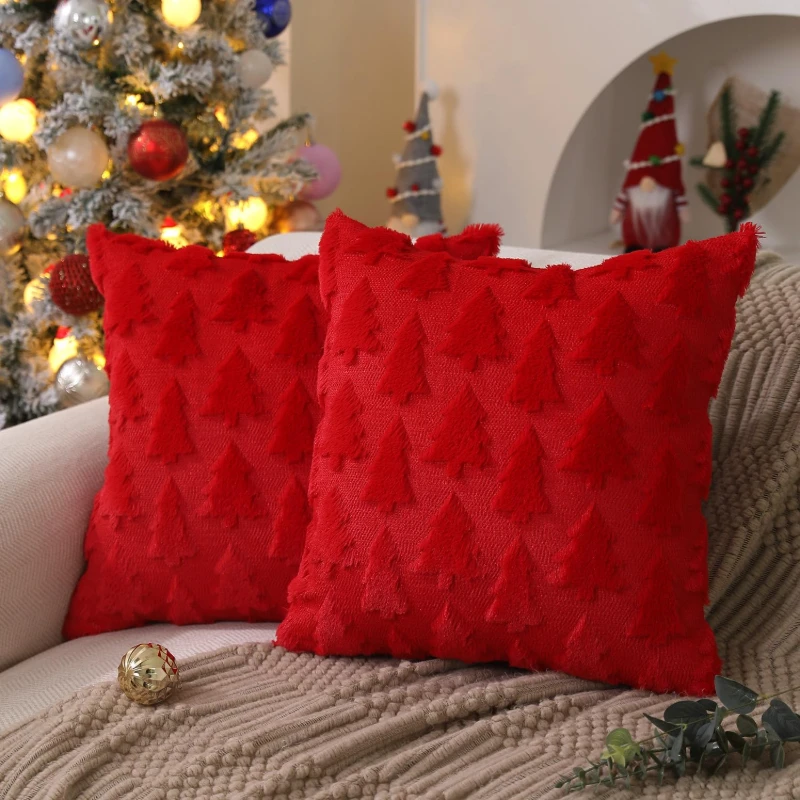 2PCS Christmas Throw Pillow Covers, 3D Embossed Christmas Tree Cushion Covers, Festive Decorative Pillowcases for Sofa Couch, Xmas Holiday Home Decor