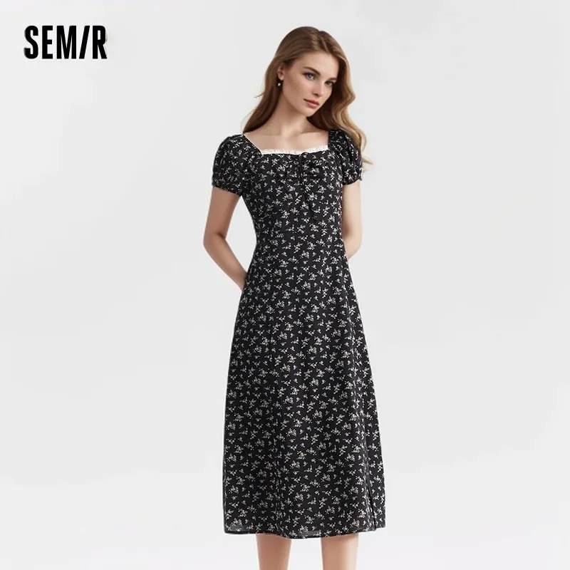 Semir Dress Women Split Bubble Sleeve Medium Long Dress 2024 Summer New Square Neck Chiffon Floral Dress Romantic Elegant