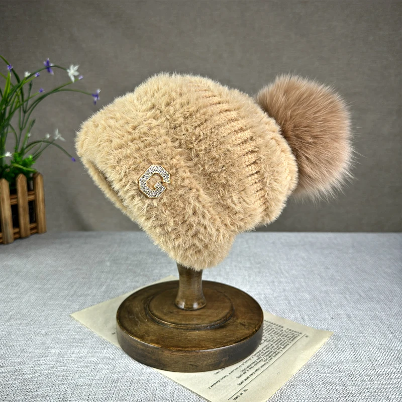 100% natural fur pompom hats wool Cap for women girl Letter G High quality Fur Pom Poms travel Ski Hat winter beanies Hat 