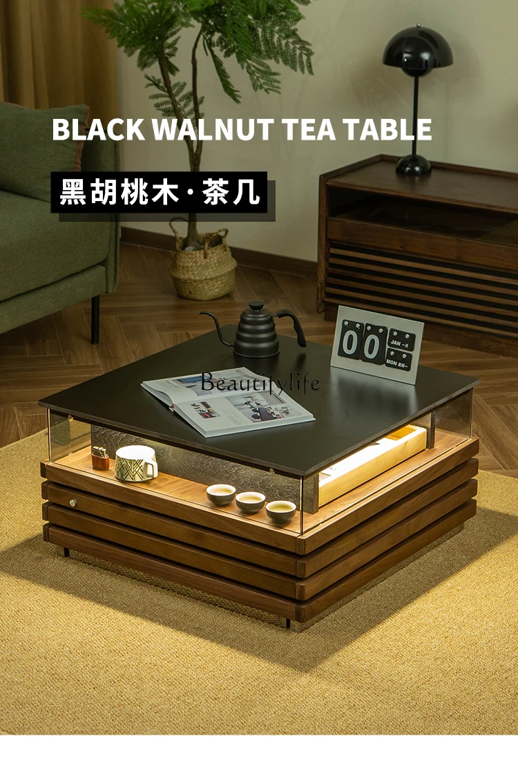 Nordic Stone Plate Coffee Table Solid Wood Luminous Atmosphere Black Walnut Modern Square Minimalist Tea Table