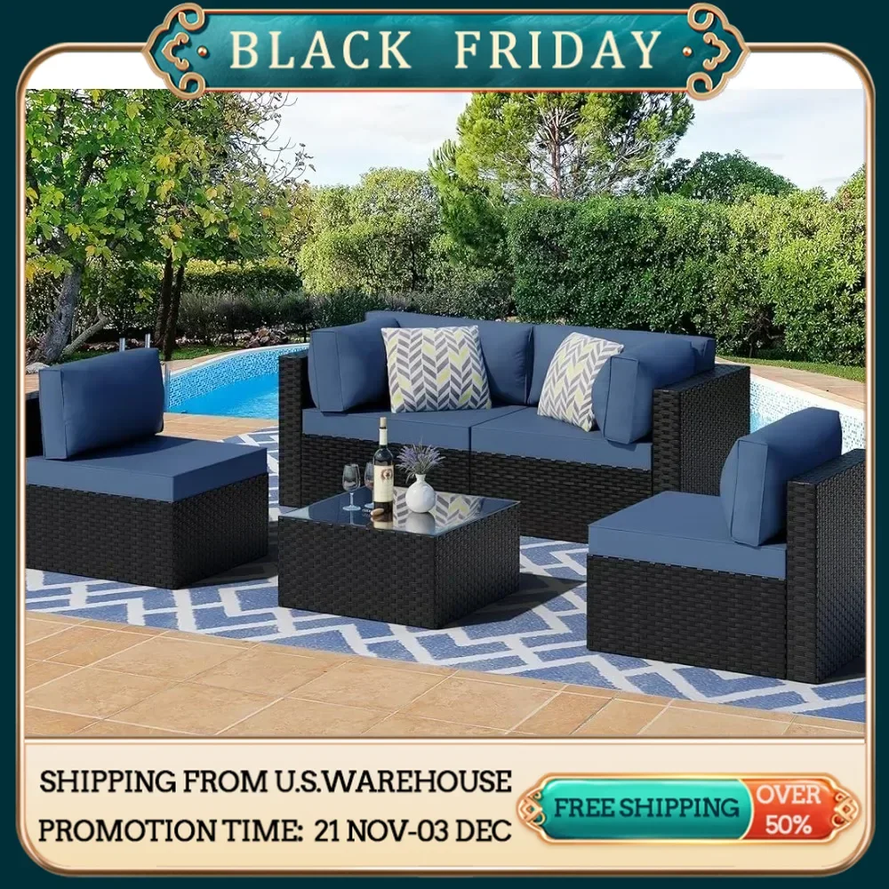 

5 Pieces Outdoor Patio Sectional Sofa Couch,Black PE Wicker Furniture Sets, Patio Conversation Sets with Washable Cushions Glass