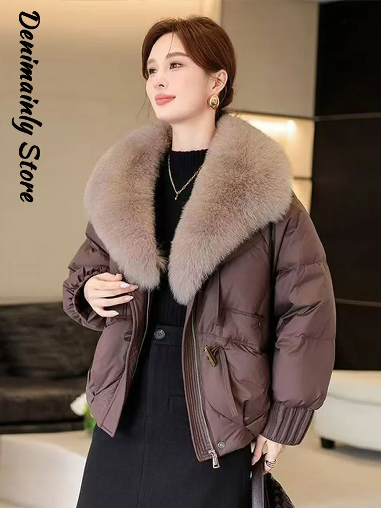 Vintage Women's Big Fur Collar Cotton Padded Coat Long Sleeve Zipper Pockets Female Coats 2026 Winter Lady Fashion Warm Jackets