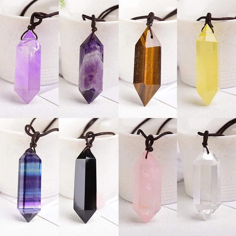 1PCS Natural Crystal Quartz Double Point Pendant Crystal Column Men and Women Pendant Aura Energy Healing Stone Necklace Gift