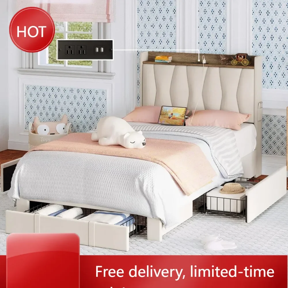 

Кровать ANCTOR Twin с 3 ящиками, мягкая кровать-платформа с изголовьем для хранения вещей и зарядной станцией, не требует пружинного блока.