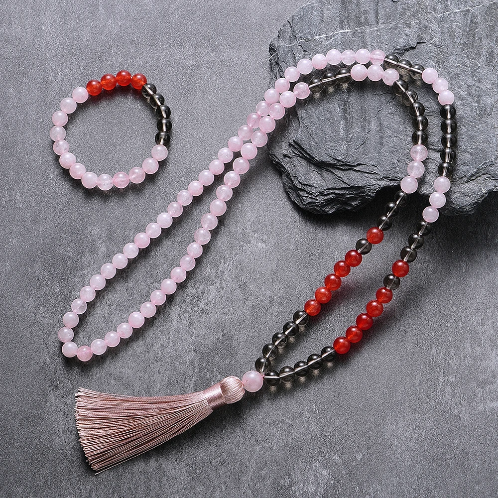 

8mm Rose Quartz Red Agate Beaded Necklace Bracelet Set 108 Mala Prayer Jewelry Meditation Yoga Japamala Set for Women