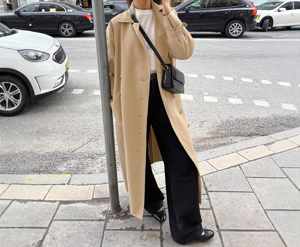 

Long Khaki Double Breasted Trench Coat 2025 Autumn Fashion New Coat