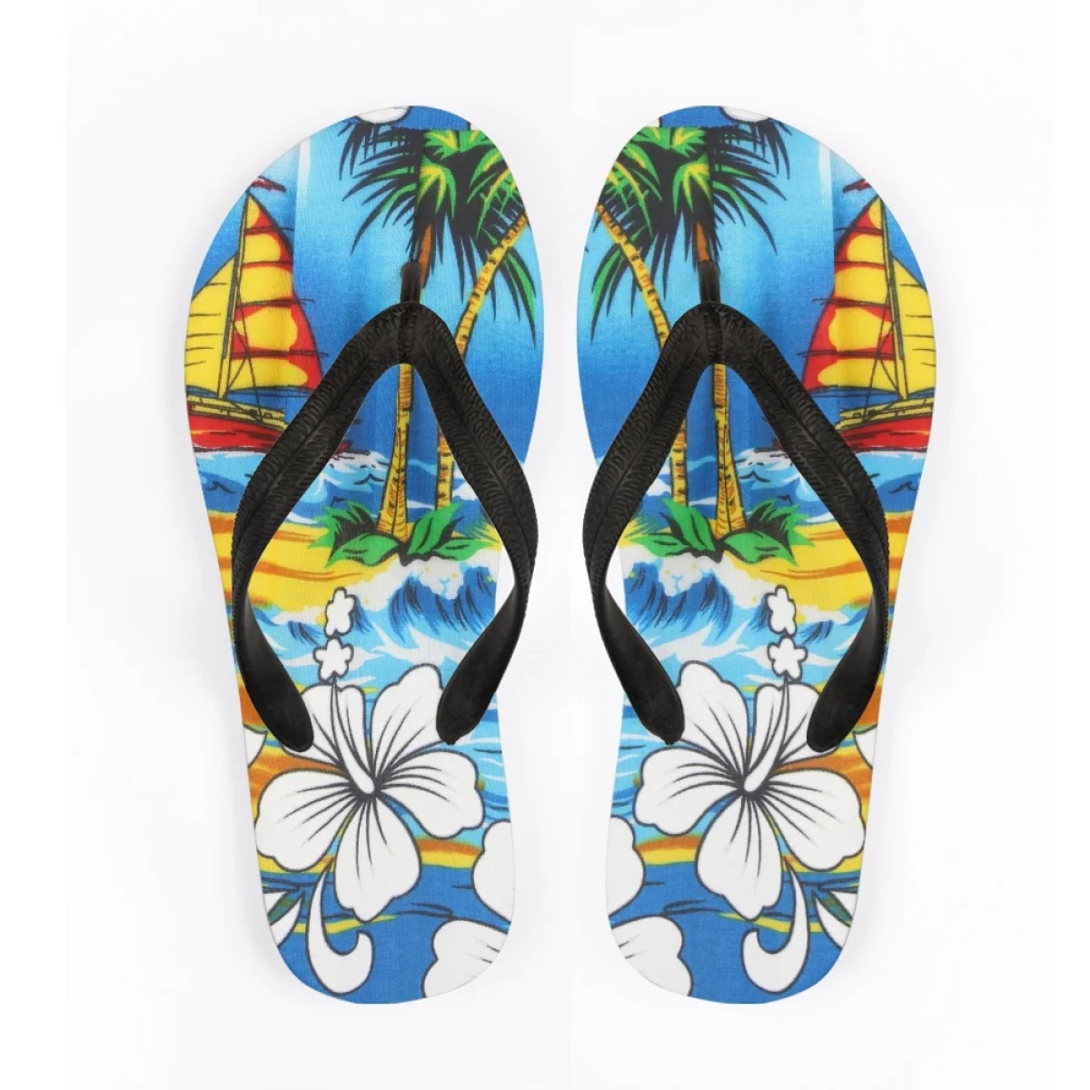 

Sea Coconut Tree Sailboat Print Ladies Flip Flops Outdoor Indoor Seaside Resort Slippers Cushion Summer Wear Outside Flat Shoes