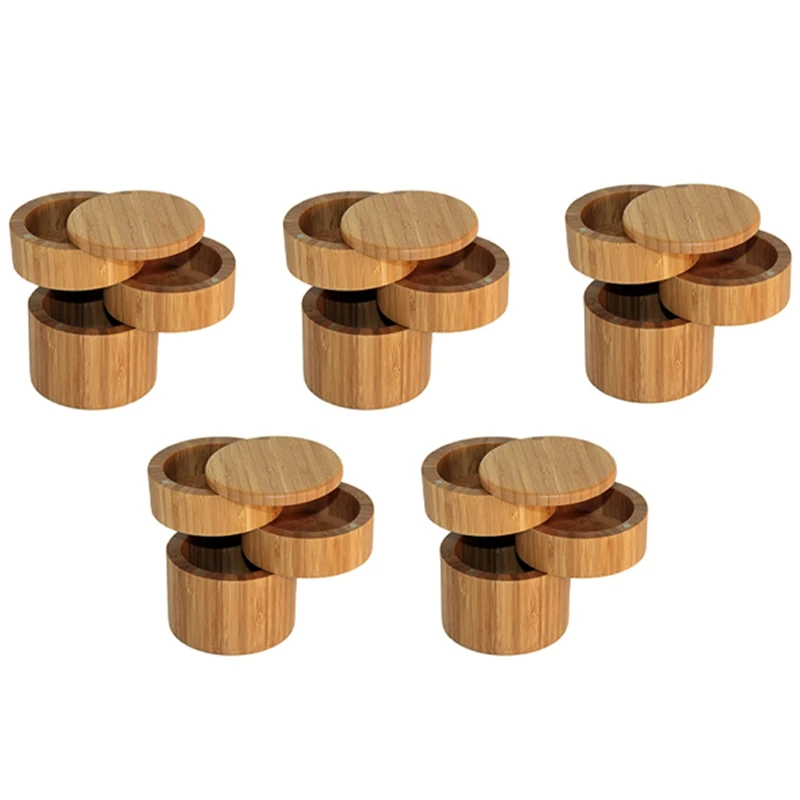 

Promotion! 5X Bamboo Triple Salt Box,Wood Box,3-Tier Round Bamboo Box For Salt Or Spice With Magnetic Swivel Lid Spice Storage B