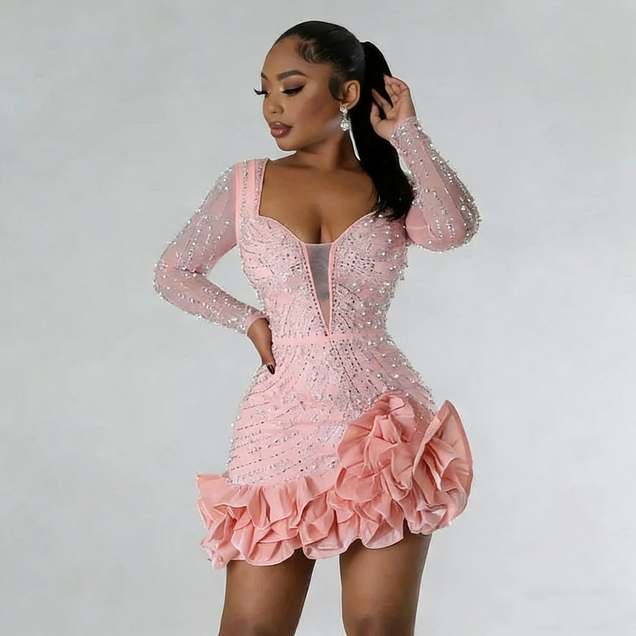 

Sexy Short Black Girl V-neck Pink Ball Dress Lace Jane African Cocktail Party Birthday Party Back to School Dress Customized