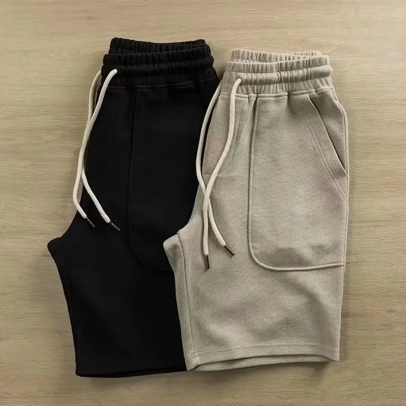 Retro Japanese Knitted Sports Shorts Men's Loose Fit Elastic Waist Casual Home Five-Quarter Sleep Pants Straight Leg Cargo
