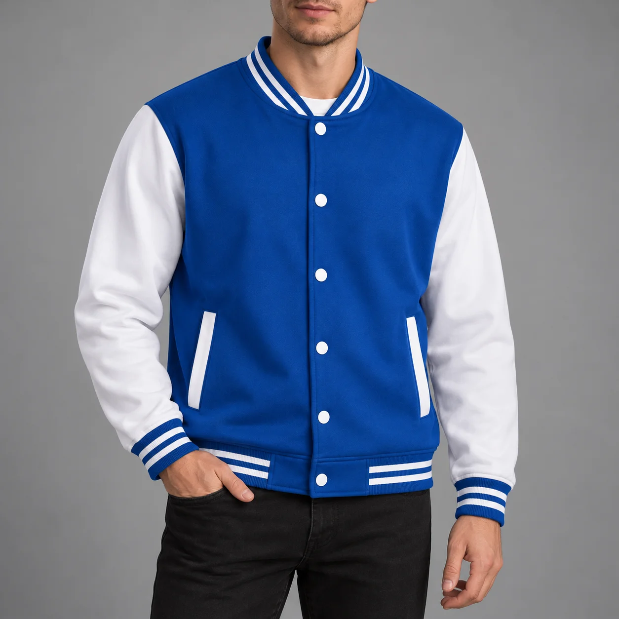 Retro Baseball Jacket for Men with Contrast White Sleeves, Snap Button Front and Striped Collar, Casual Autumn Winter Streetwear 3