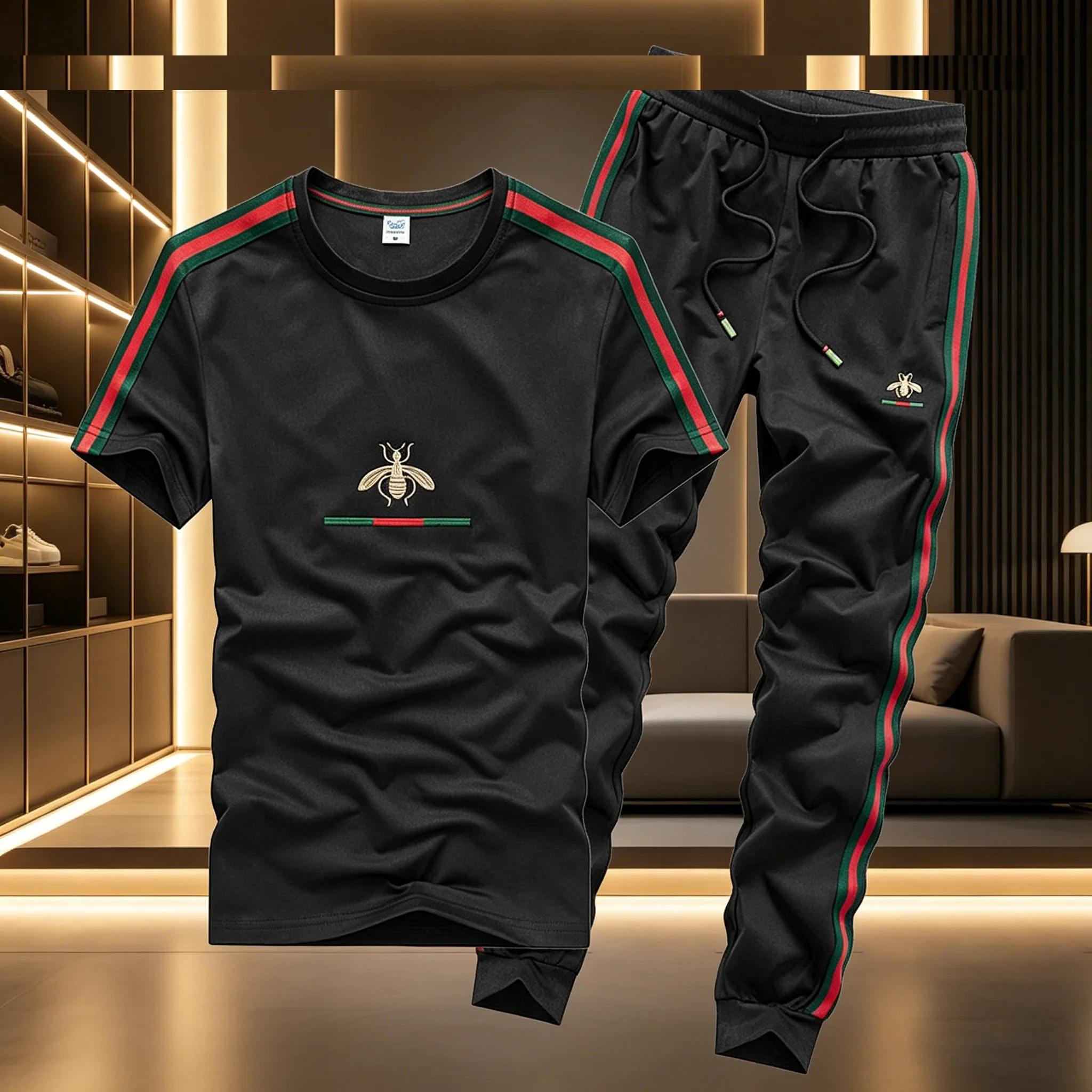 Conjunto de Roupas Casuais para Homens, Verão, Bordado de Abelha, Camiseta de Tamanho Grande e Calças Longas, Estilo Japonês ...