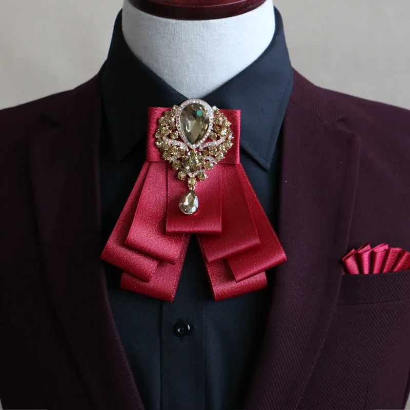 High-quality Fashion Handmade Red Diamond Bow Tie Wedding Collar Bowtie Brooch Pocket Towel Square Set Gifts for Men Accessories