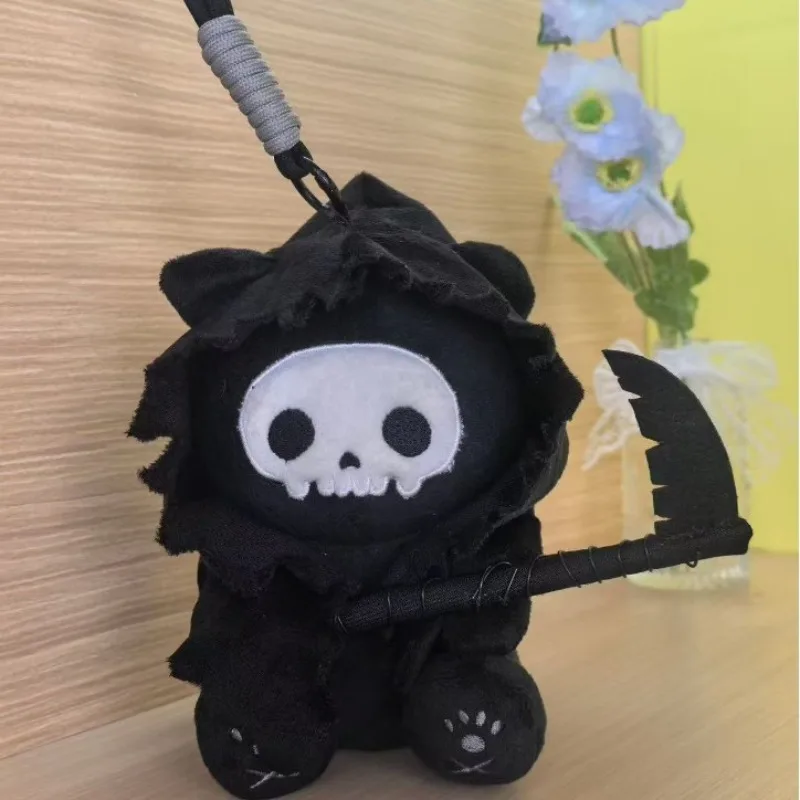 Halloween Grim Reaper Black Cat Plush Pendant Scythe Skull Face Stuffed Bag Charm Spooky Plush Toy For Backpack Purse Decor