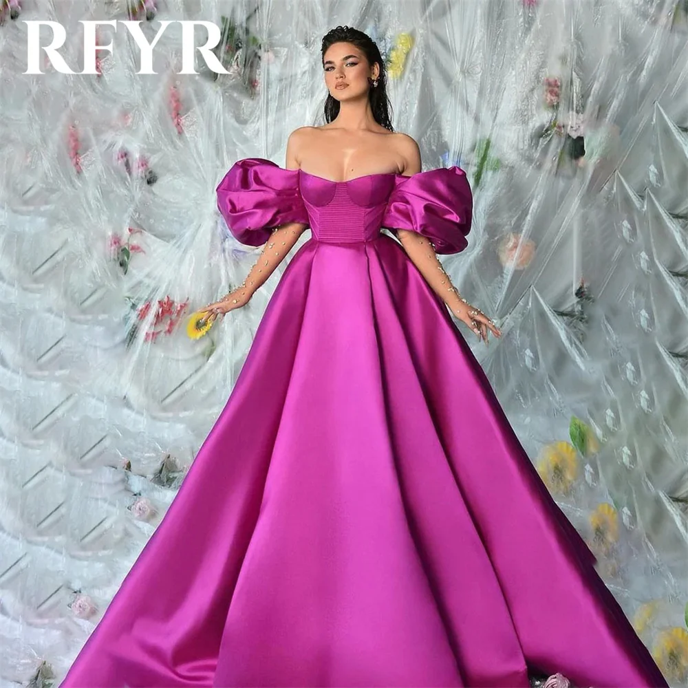 RFYR Fuchsia A Line Prom Dresses Puff Sleeve vestidos de fiesta Off the Shoulder Party Dresses Exquisite Sweetheart Evening Gown