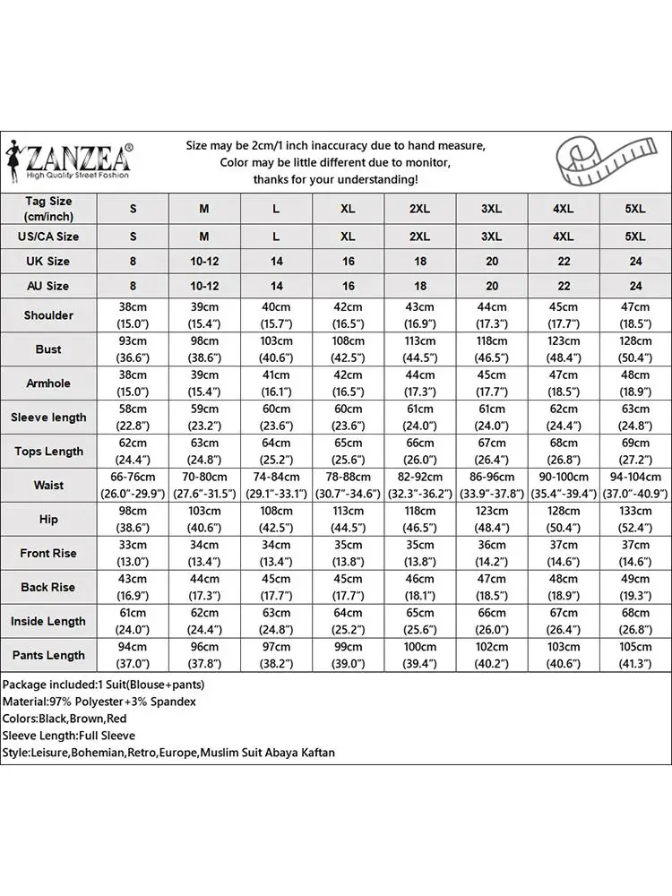 2024 ZANZEA Muslim Sets Women Autumn Tracksuits Fashion Long Sleeve Blouse Solid Pant Sets IsIamic Hijab Outfits Two Pieces Sets