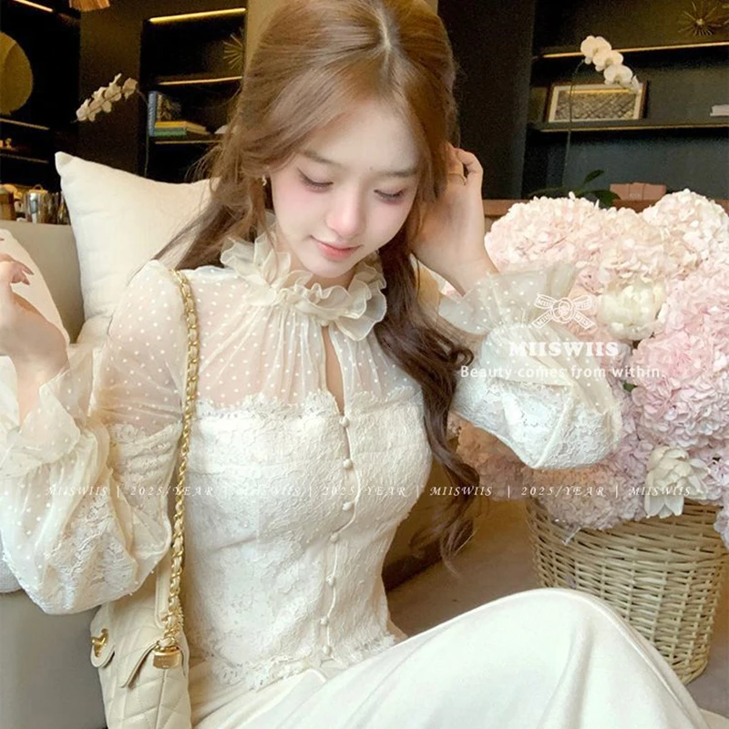 

Новая летняя кружевная блузка 2026 года в японском стиле с пэчворком, прозрачная, с длинным рукавом, в стиле Харадзюку, в горошек, с рюшами, укороченный топ