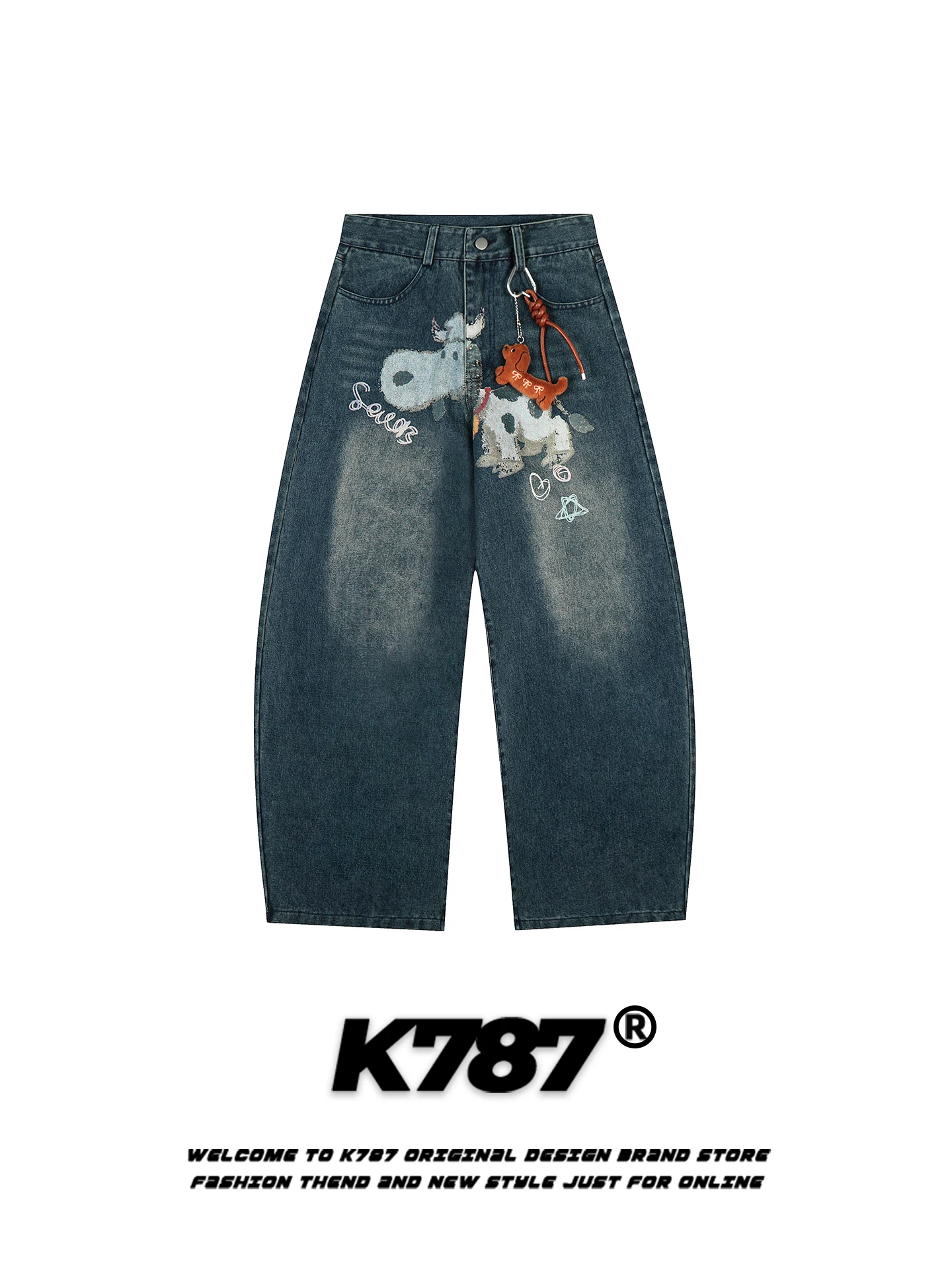 

American Retro Fun Dog Pendant Knife Jeans Loose Slim High Waist Floor Length Wide Leg Pants for Men Casual Cotton Polye...