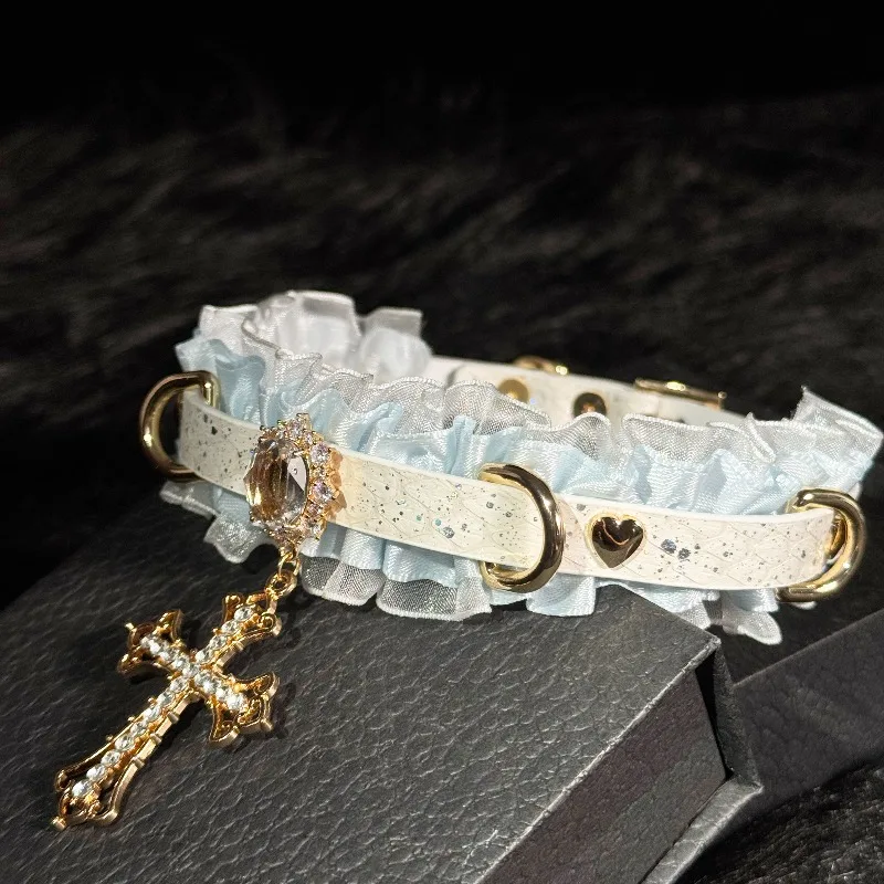Blue and White Contrasting Lace Collar Women's Leather Handmade Original Traction New Neck Strap Couple Gift