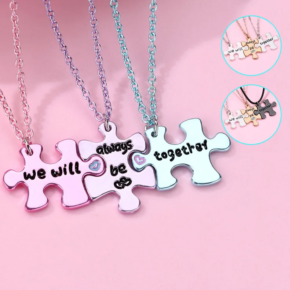 A Girl 3Pcs/set Multicolour Jigsaw Puzzle Letter Best Friend Necklace for Girls BFF Friendship Jewelry Gift