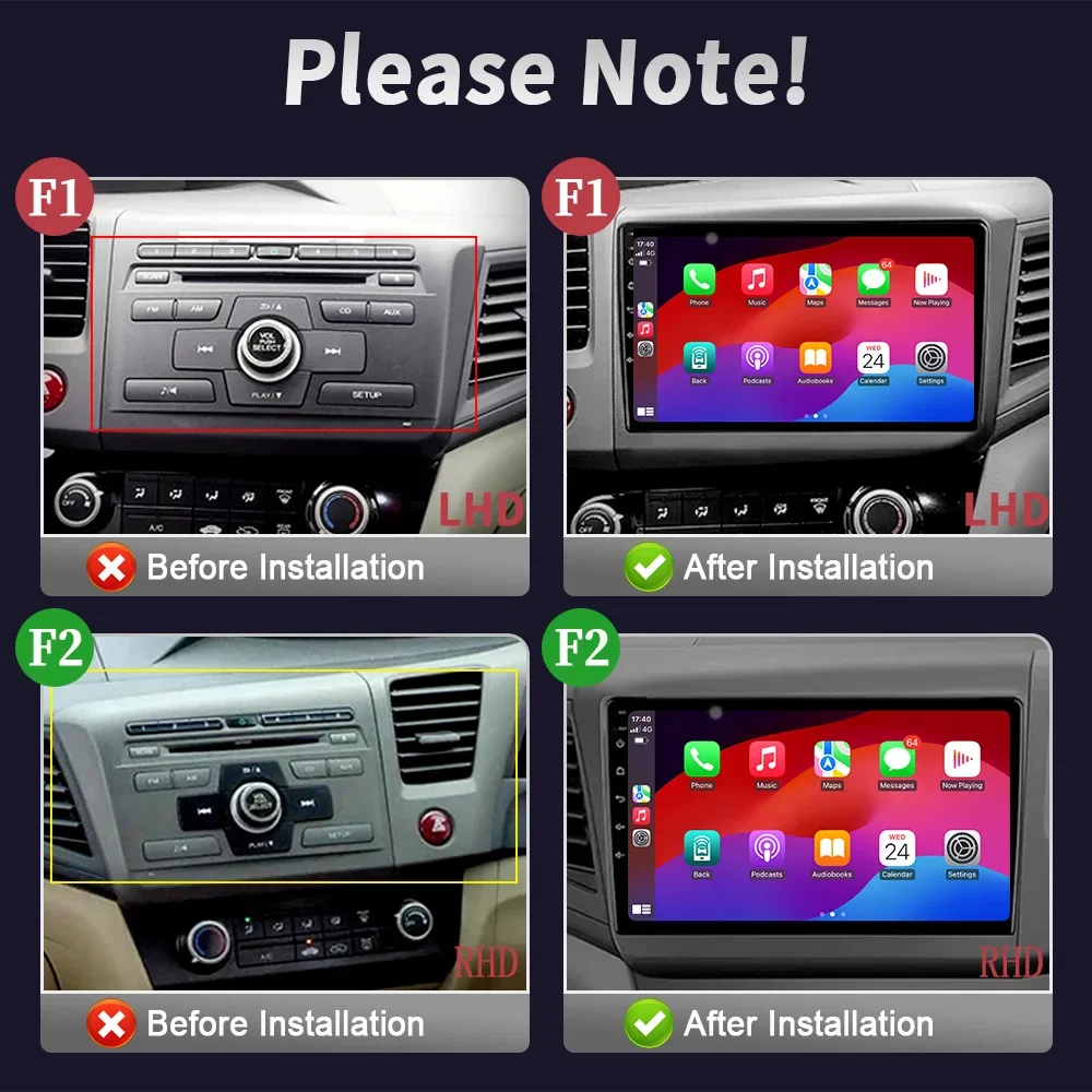 Car Radio Multimedia Player Navigation GPS Android Bluetooth Wireless CarPlay Touch  For Honda Civic 9 FB FK FD 2011 - 2015 Grey