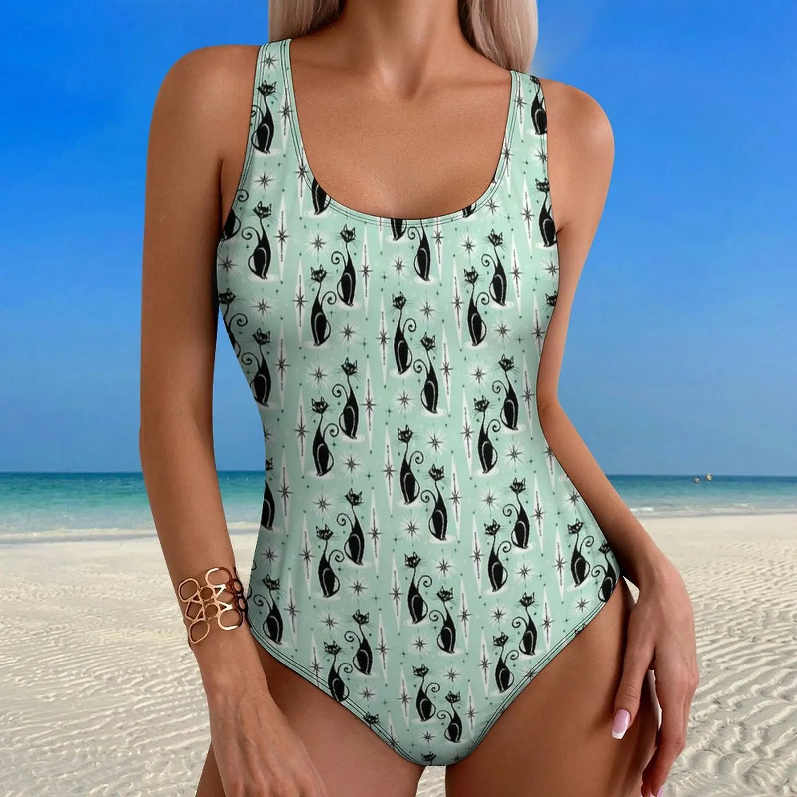 Mid Century Meow Retro Atomic Cats Swimsuit Push Up Swimwear One-Piece Surfing Bathing Suit Swimsuits Sexy Graphic Beachwear