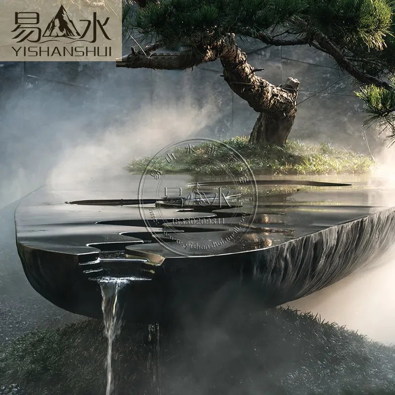 L-black mountain stone water bowl landscaping outdoor courtyard landscaping ornaments water basin japanese style fountain