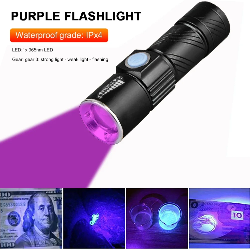 Linterna LED ultravioleta para mascotas, miniluz UV, Detector de manchas de orina, fluorescente, antifalsificación