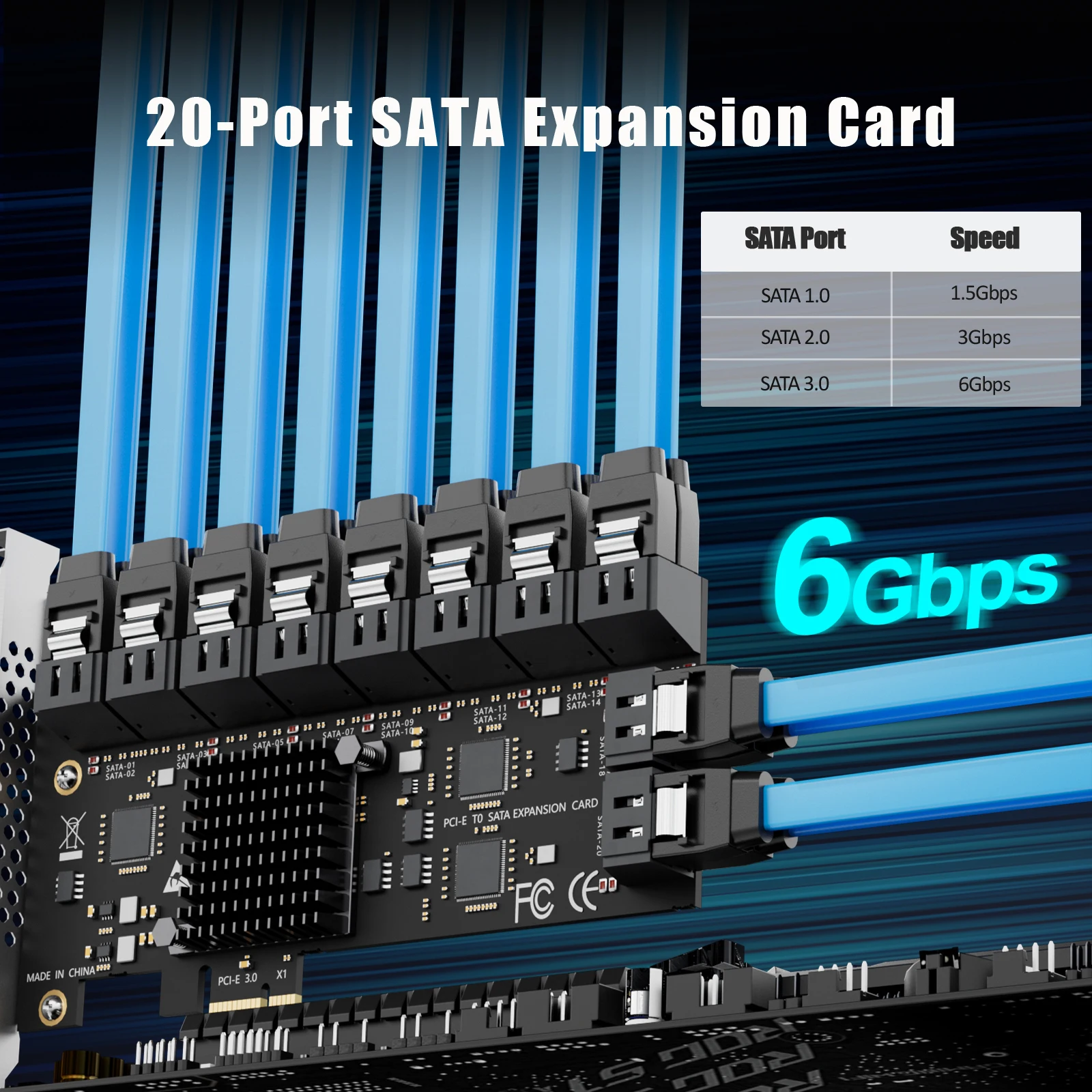 20-Port SATA 3.0 PCIe Expansion Card, 6Gbps PCIE X1 Interface Storage Controller Card for Desktop PC Server NAS