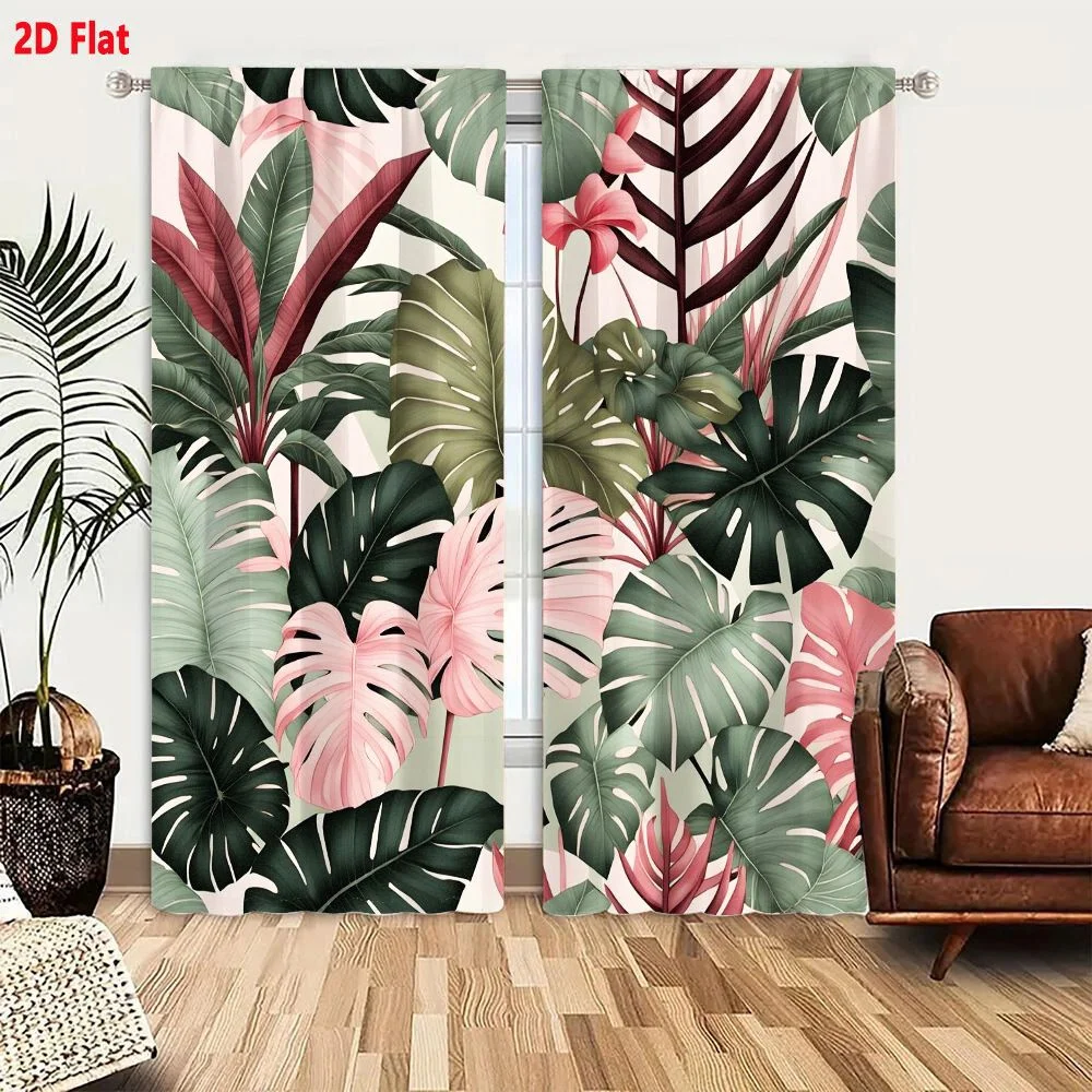 2Pcs Curtains Vibrant Tropical Leaf Pattern With Monstera And Bird Of Paradise On Pale Pink Background Window Drapes for Bedroom