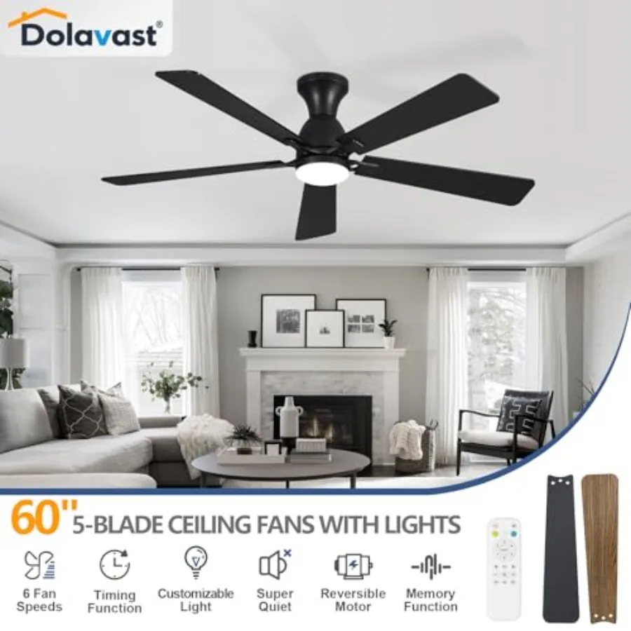Ceiling fan with light for bedroom and living room, black metal flush mount, 60-inch low profile, reversible, quiet, dimmable L