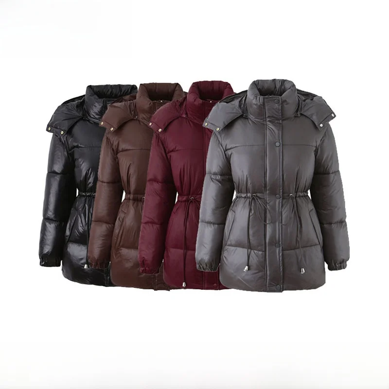 

Warm Cotton Jaet Women's New Autumn Winter Middle-Length Hooded Zipper Dstring Faionable ZR Sle Outerwear Coat