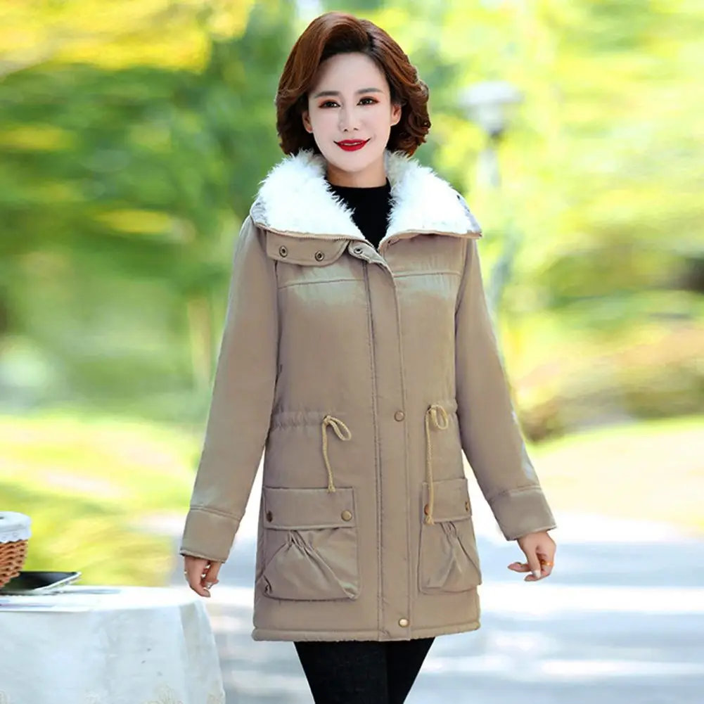 Winter Women Jacket Thickened Plush Turn-down Collar Elastic Waist Zipper Closure Coat Mid Length Windproof Warm Coat