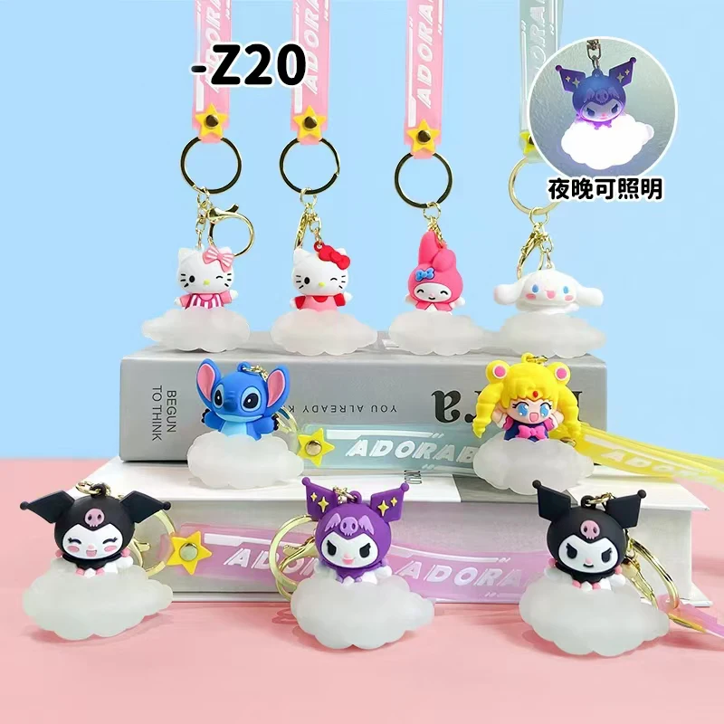 Sanrio Cartoon Kuromi Led Keychain Anime Figures Hello Kitty Glowing Night Light Stitch Angel Novelty Pendant Halloween Gift