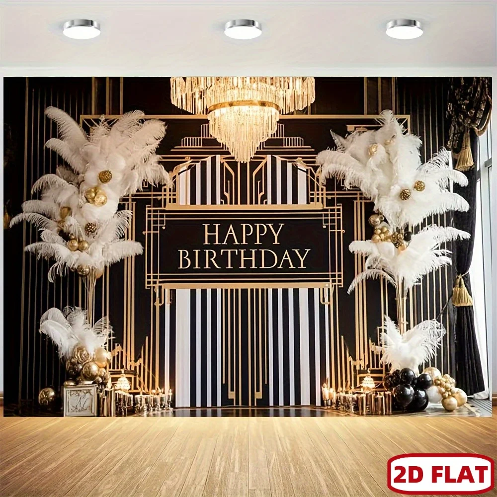 1 Stück schwarz-weiß gestreifte Wand im Gatsby-Stil, goldener dekorativer Kunst-Kronleuchter, Federgirlande, Geburtstagsdekoration