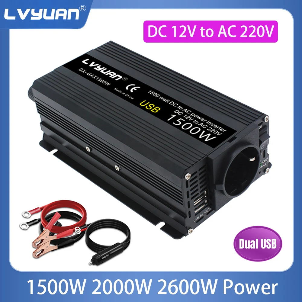 12V 220V Car Inverter 1500W 2000W 2600W Power EU Plug With 3.1A Dual USB 50HZ Adapter Solar Inverter