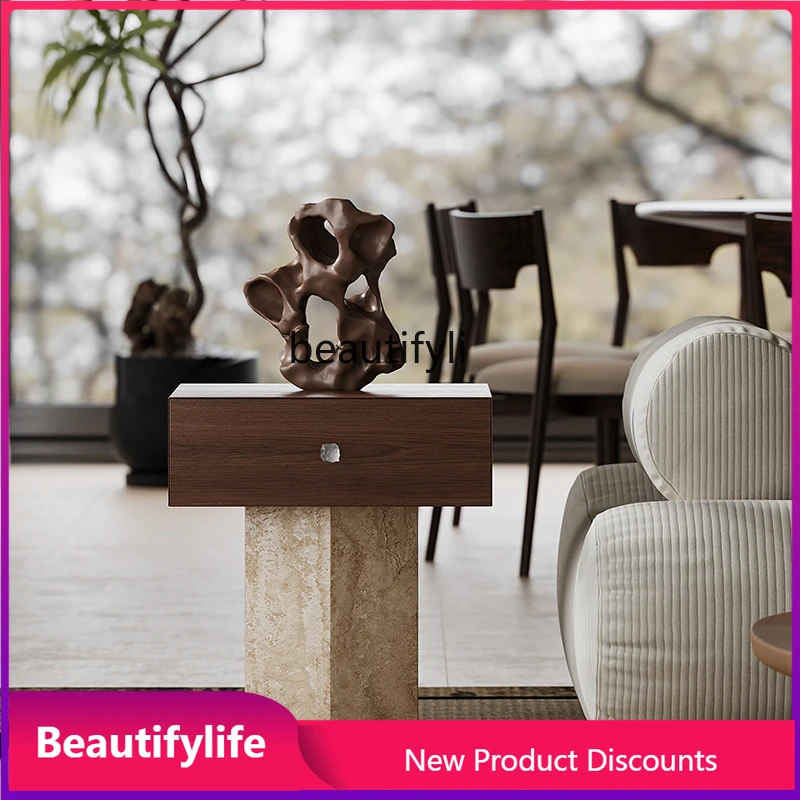 H  Solid Wood Natural Travertine Side Table Living Room Sofa Storage Corner Table Home Multifunctional Bedside Table