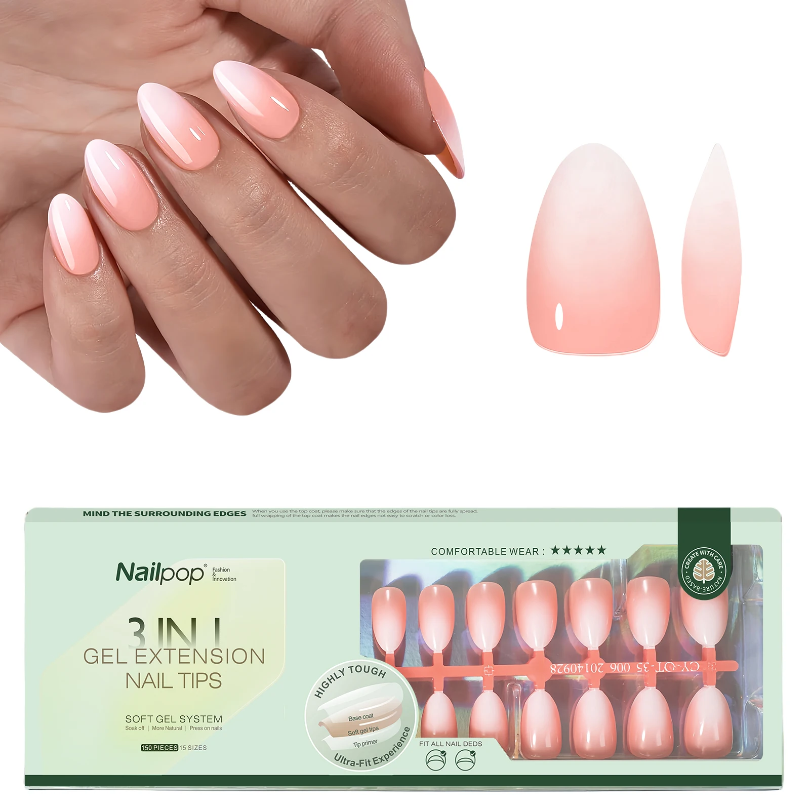 Nailpop Ombre Nails Almond Press on NailsUltra-Thin Gradient Soft Gel Nail Tips 150Pcs Pre-Colored Natural Fake Nails Extensions