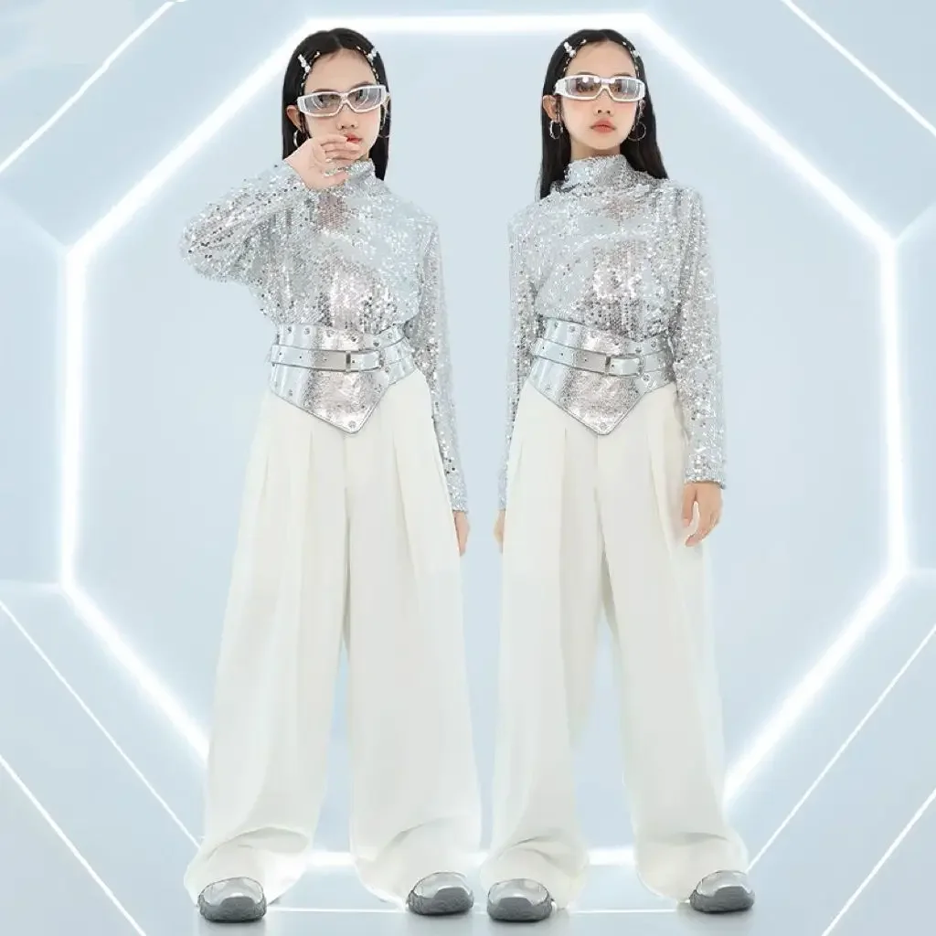 Costumes de danse jazz pour filles, 4 pièces, ensembles de jazz pour enfants, tendance et cool, costumes de danse de rue pour enfants, paillettes de scène, défilé de mode