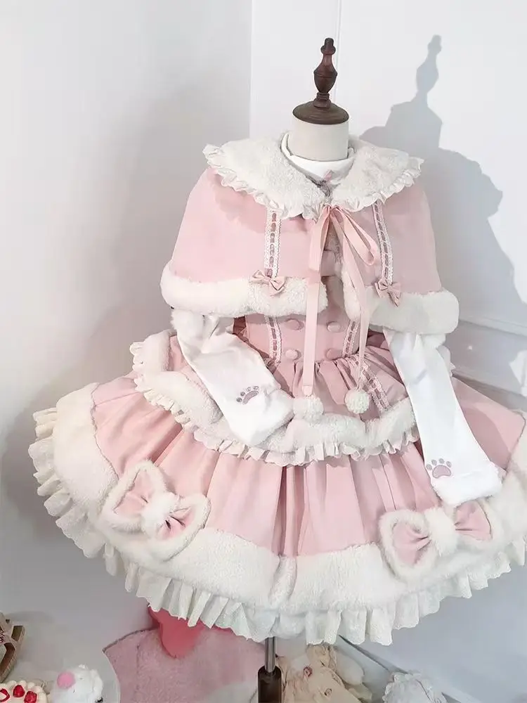 Fashion Women’s Design Pink Lolita Set Bowknot Hoodie Ruffle Skirt Lovable Sweetheart Dress Elegant Kawaii Sweet Winter Outfit