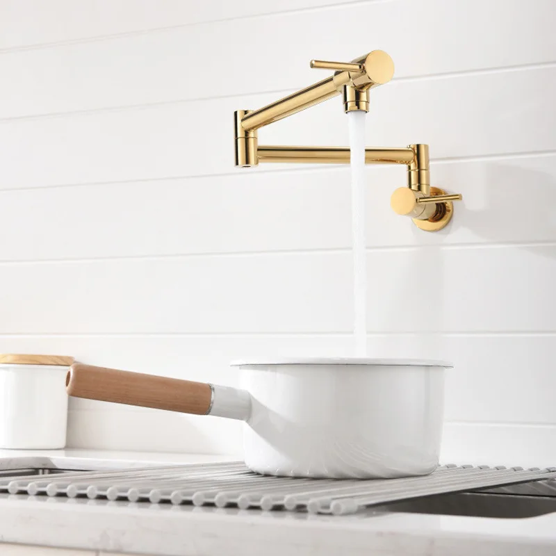 

Brass Brushed Gold Kitchen Faucet Wall-Mounted Rotatable Retractable Rose Gold Black Single Cold Folding Sink Mixer Tap