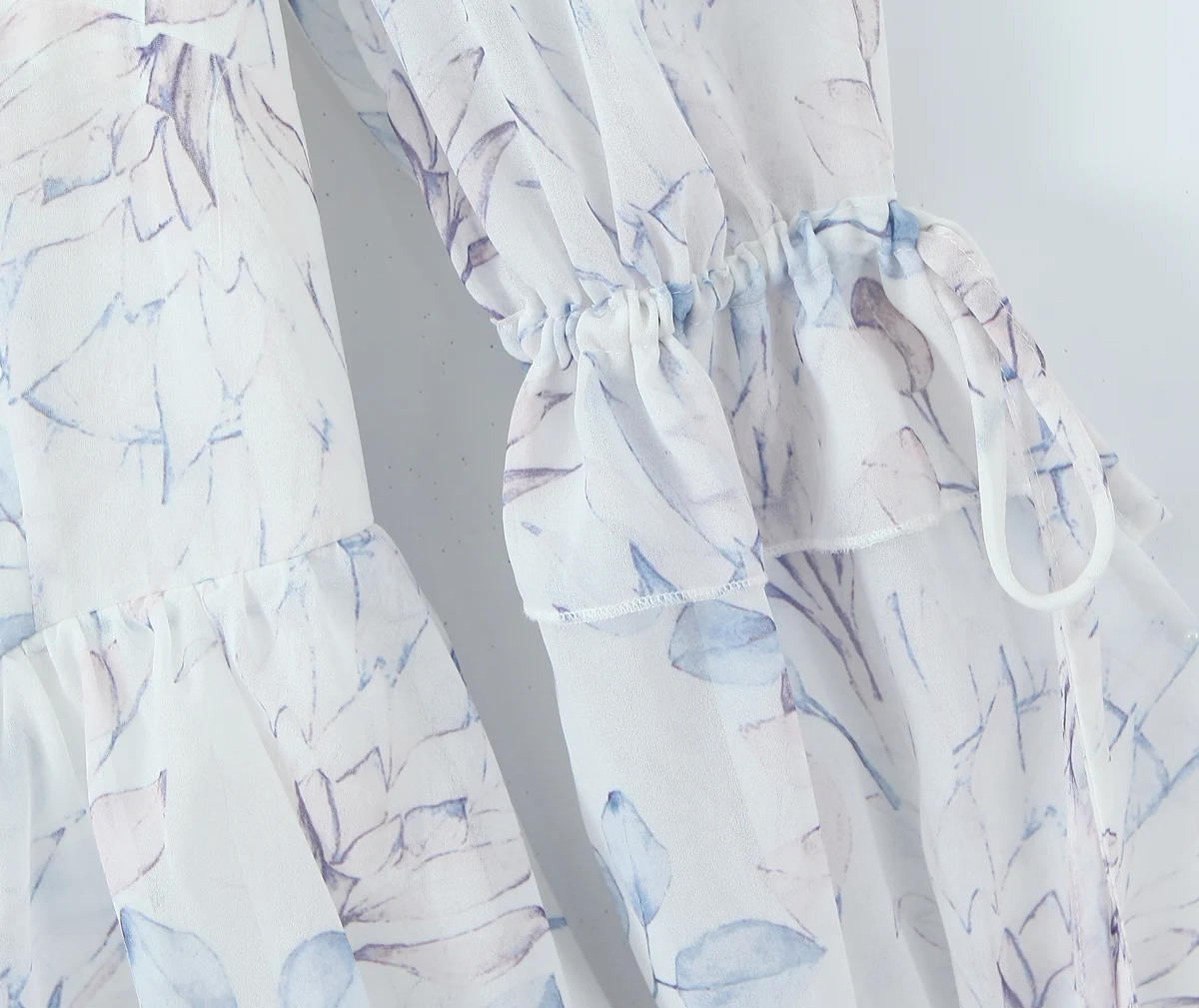 Mulheres floral impressão laço até arco ruched peito puff manga longa mini vestido romântico manga longa puff 3 camadas bainha vestidos vestido