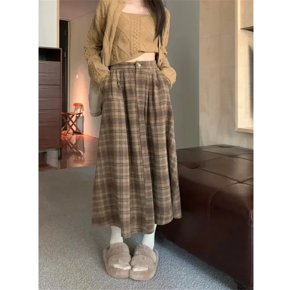 

Spring Vintage Thick Plaid Pleated Skirt Women England Brown Elegant Chic Long Skirt High Waist A-Line Casual Woolen Skirts A341