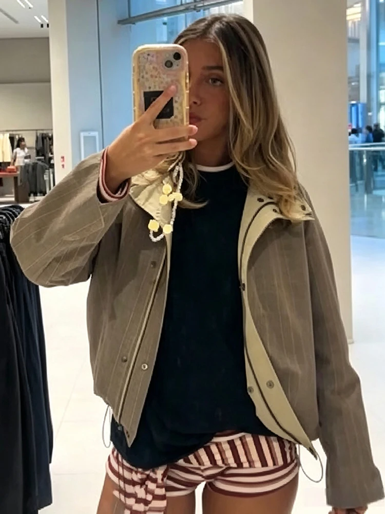 Women Oversized Stand Collar Short Jacket Zip Up Loose Plaid Solid Two Styles Casual Streetwear Autumn Long Sleeve Outerwear