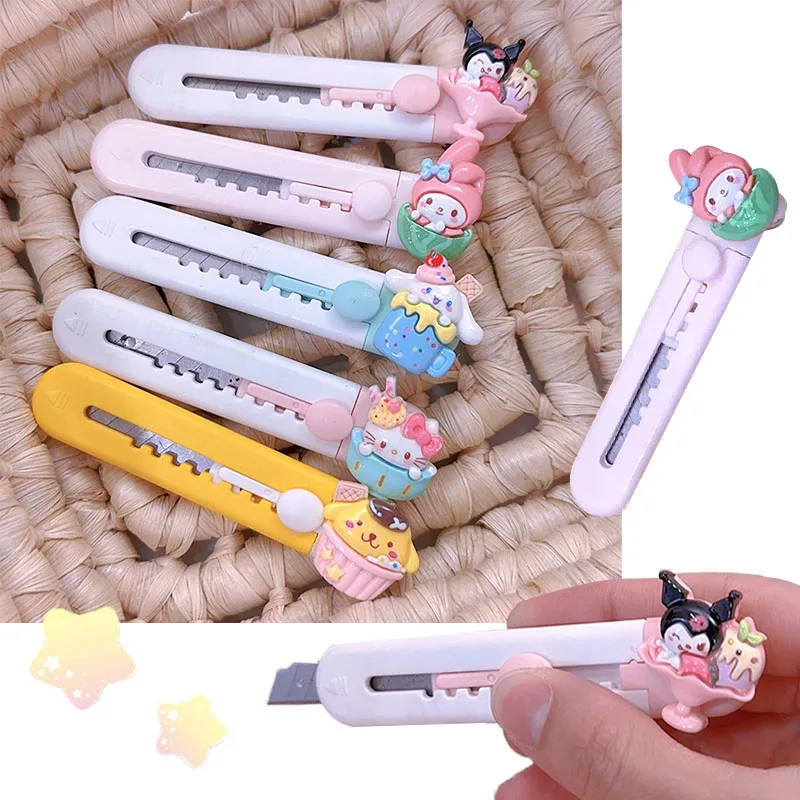 

Kawaii Sanrios Utility Knife Hello Kitty Kuromi Cinnamoroll My Melody Paper Cutter Box Opener Unboxing Utility Knife Office Tool